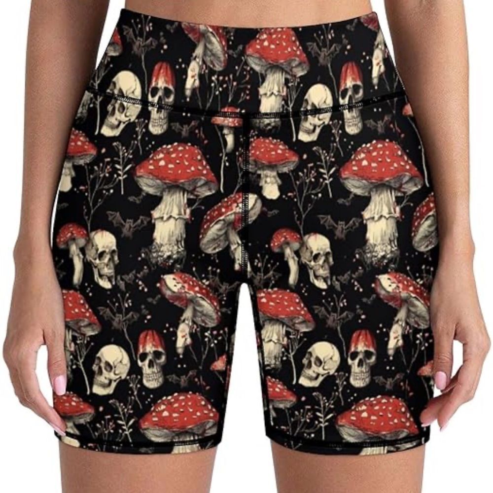 Skull & Mushroom Graphic All Over Print Biker Shorts Womens Size Small Black Red